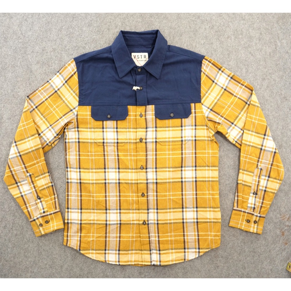 VSTR Shirt Mens Medium Blue Gold Button Long Sleeve Plaid Flannel Logo New